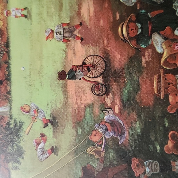 Picnic Family Bears Metal Tin Sign Baseball Outside Play Old Time Bike Park VTG - Picture 8 of 16